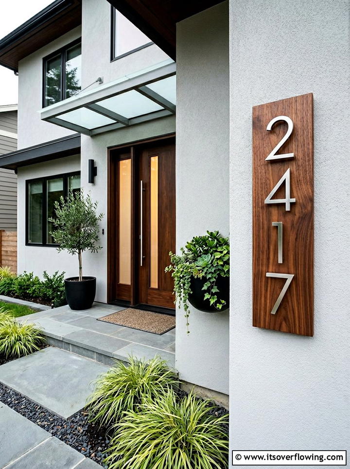 Wood house numbers - 25 front porch decor ideas with natural wood