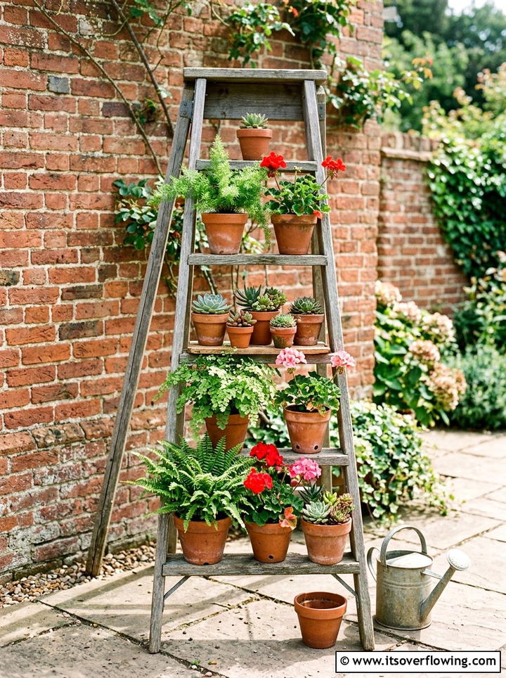 Wood ladder plant stand - 25 upcycled garden ideas on a budget
