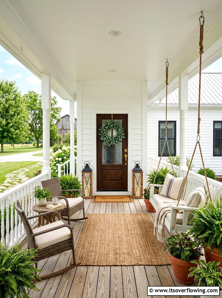 Wood lanterns on farmhouse porch - 25 garden decor ideas with lanterns