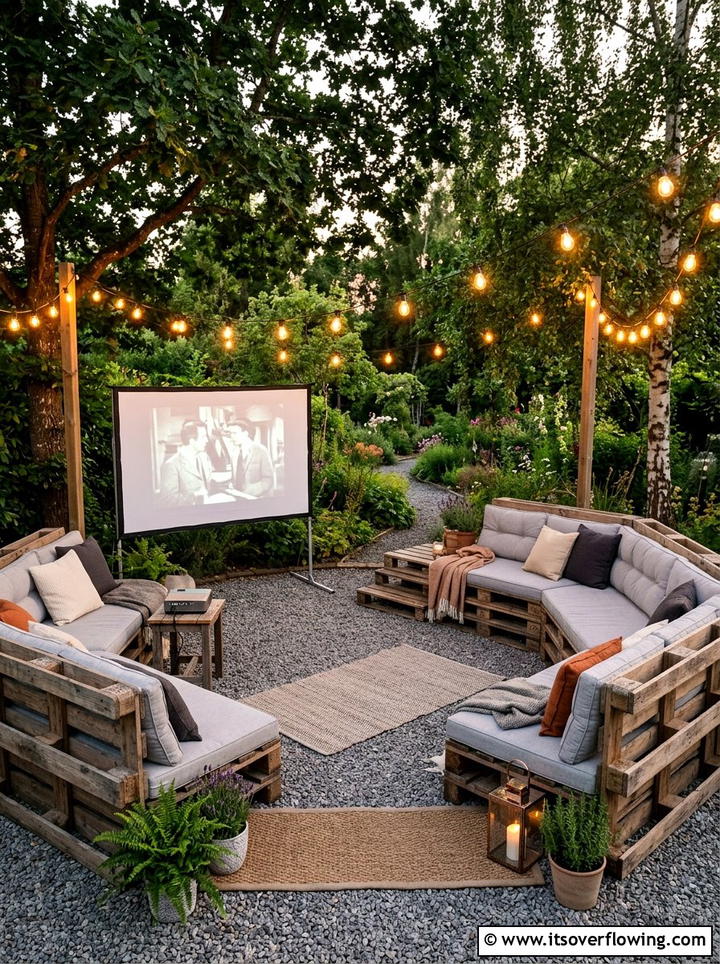 Wood pallet seating area - 25 backyard ideas with outdoor movie setup