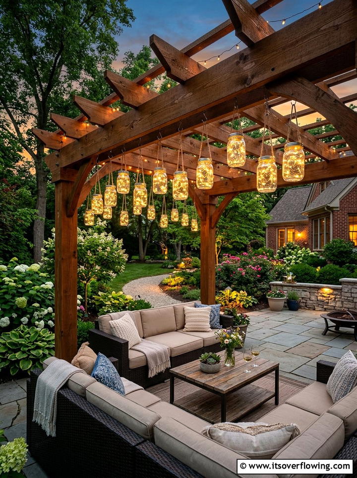 Wood pergola hanging mason jar - 25 garden ideas with mason jar lanterns