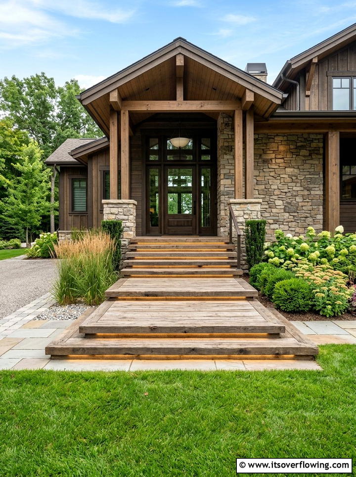 Wood porch steps - 25 front porch decor ideas with natural wood