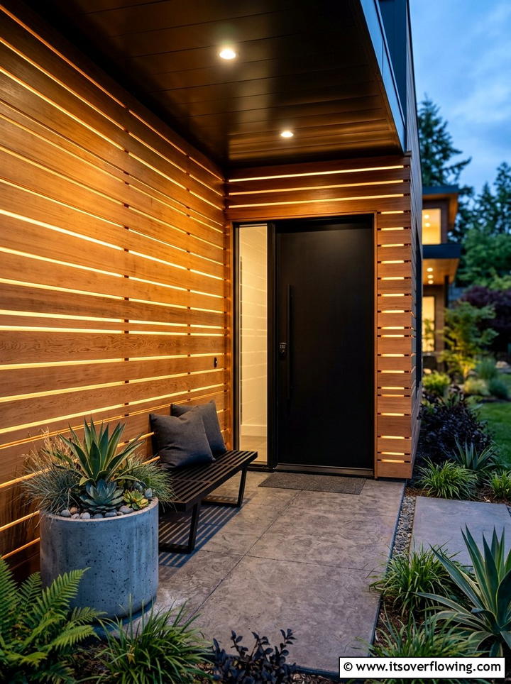 Wood slat accent lighting - 25 front porch decor ideas with layered lighting