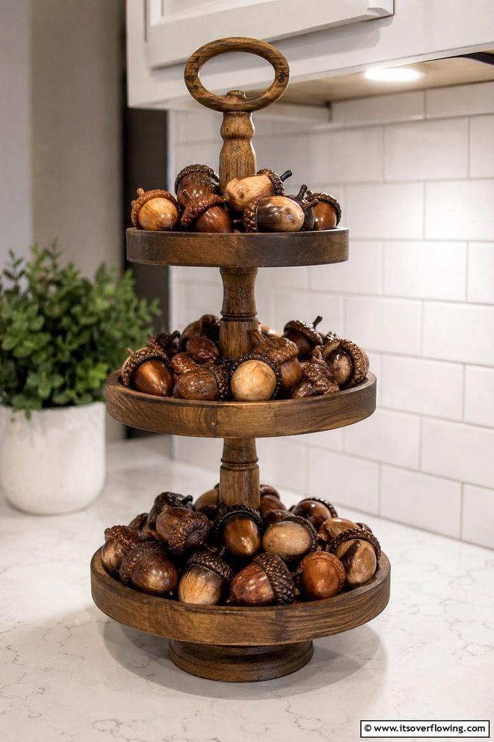 Wooden Acorn Tiered Tray Decor - 50 Wooden Fall Decor Ideas Roundup- Cozy Accents Galore