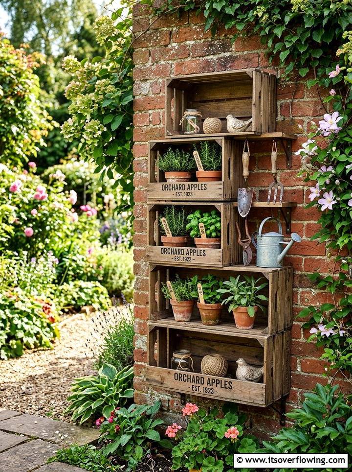 Wooden Apple Crate Shelving - 25 reusing old things ideas for farmhouse garden look
