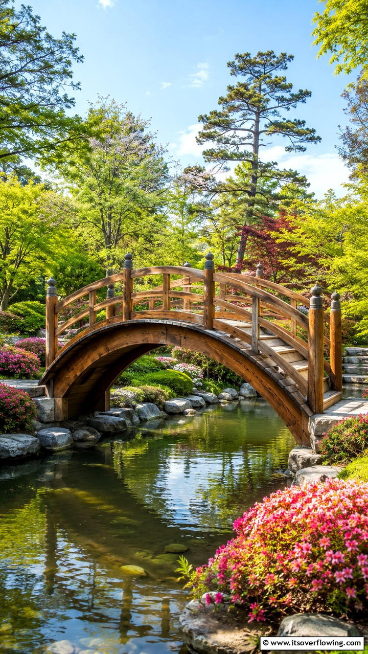 Wooden Arch Bridge with Railings - 20 Garden Bridge Ideas for a Serene Backyard