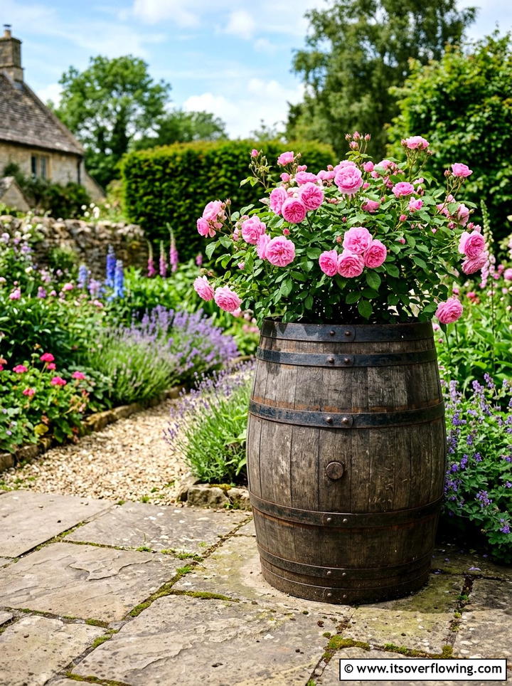 Wooden Barrel Feature - 25 backyard ideas with vintage planters