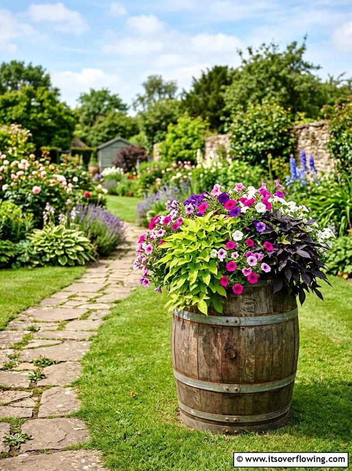 Wooden Barrel Planter - 25 garden decor ideas with vintage pieces