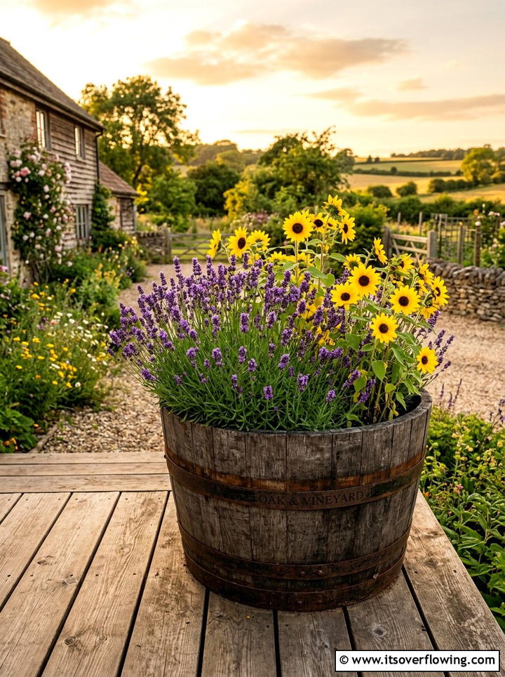 Wooden Barrel Planter - 25 garden ideas with pots
