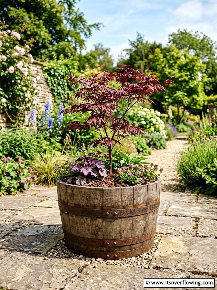Wooden Barrel Planter - 25 backyard decorating ideas with farmhouse accents