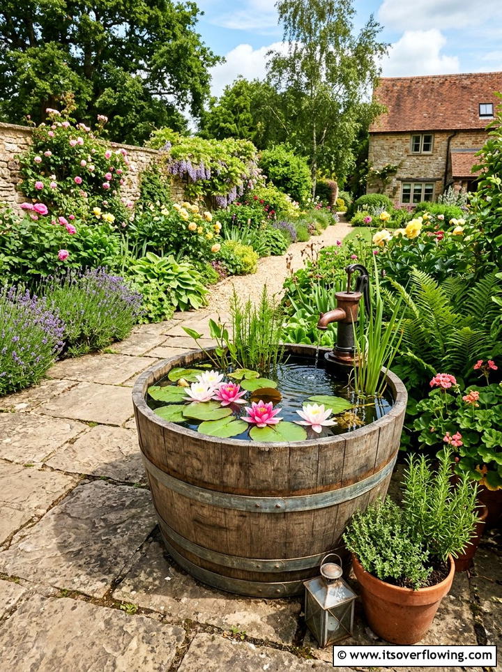 Wooden Barrel Pond - 25 garden decor ideas for rustic gardens