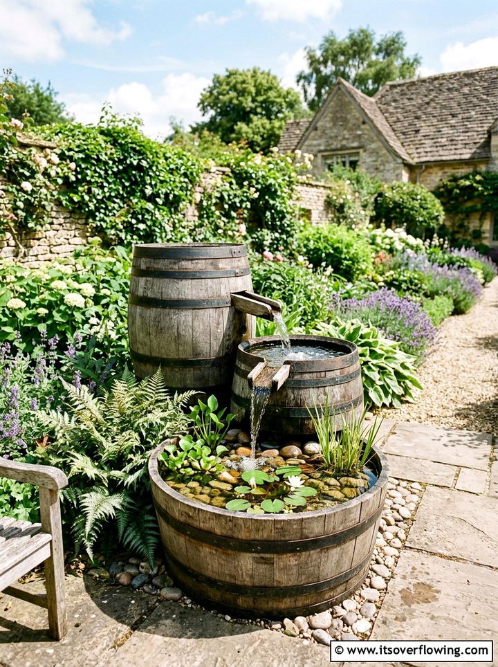 Wooden Barrel Water Feature - 25 recycled garden ideas