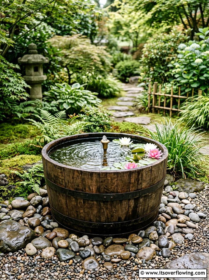 Wooden Barrel Water Feature - 25 upcycled garden ideas