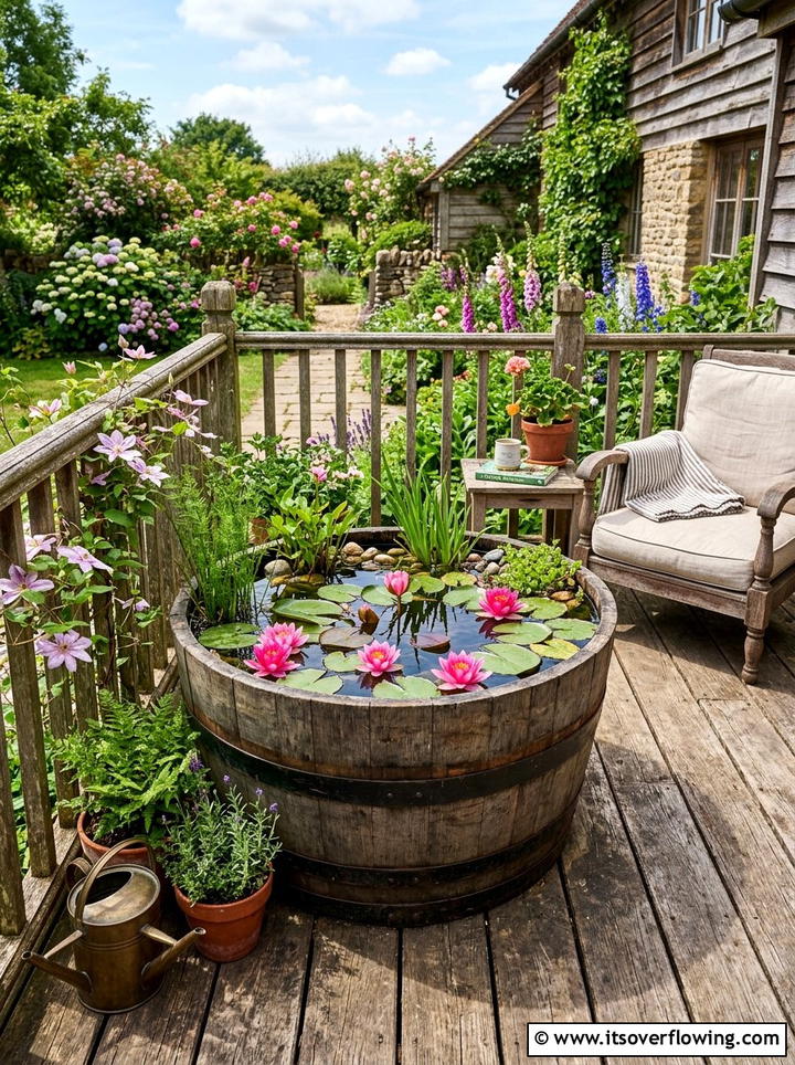 Wooden Barrel Water Feature - 25 creative garden ideas with mini ponds