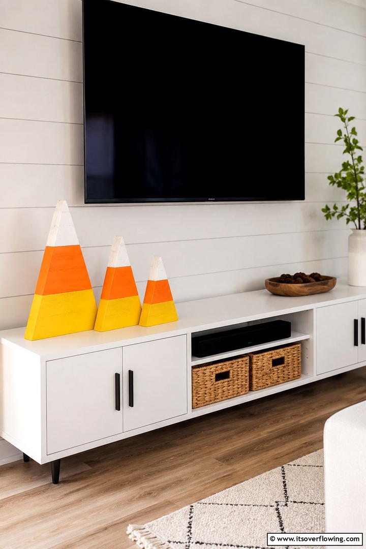 Wooden Candy Corn Display - 50 Wooden Fall Decor Ideas Roundup- Cozy Accents Galore