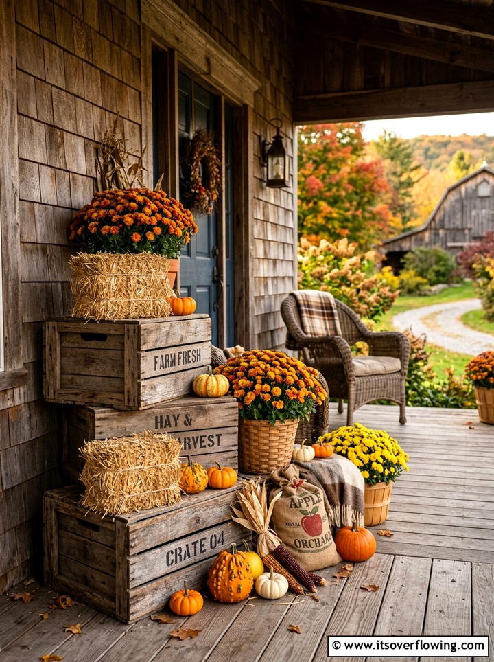 Wooden Crate And Hay Bales - 25 front porch decor ideas with mums and hay bales