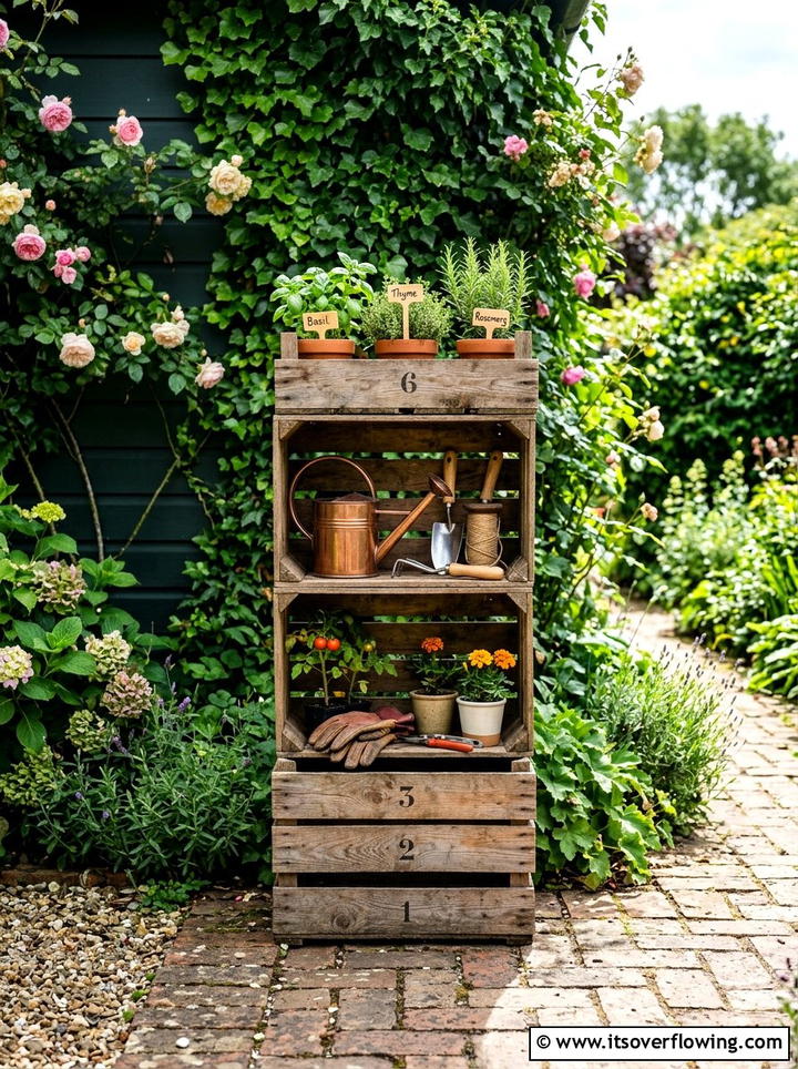 Wooden Crate Garden Shelf - 25 reusing old things ideas for small garden