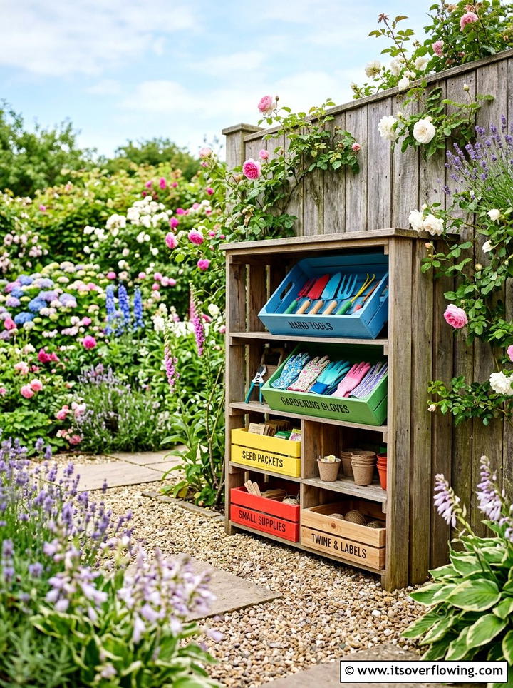 Wooden Crate Garden Storage - 25 recycled garden ideas for kids