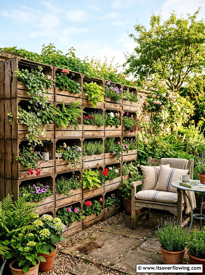 Wooden Crate Garden Wall - 25 upcycled garden ideas for urban gardens