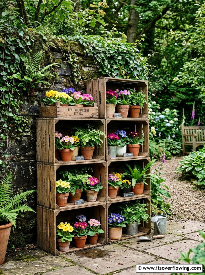 Wooden Crate Shelving Unit - 25 upcycled garden ideas for shaded spaces