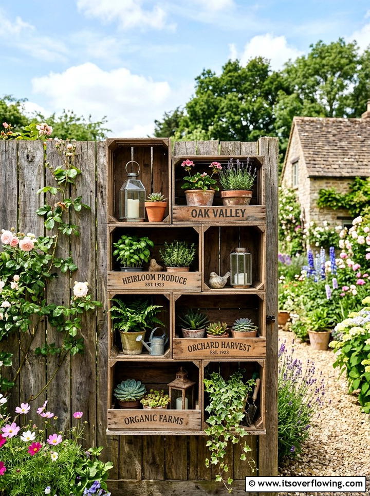 Wooden Crate Shelving - 25 garden ideas with fence decor