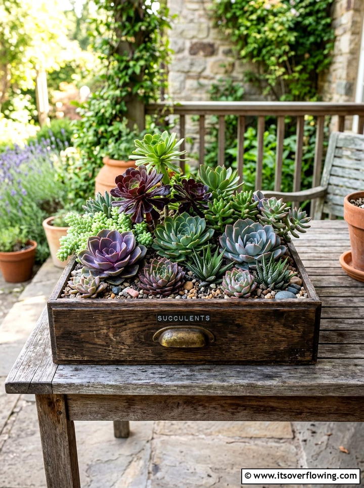 Wooden Drawer Succulent Display - 25 upcycled garden ideas for front yards