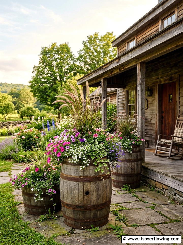 Wooden Flower Barrels - 25 front porch decor ideas with florals