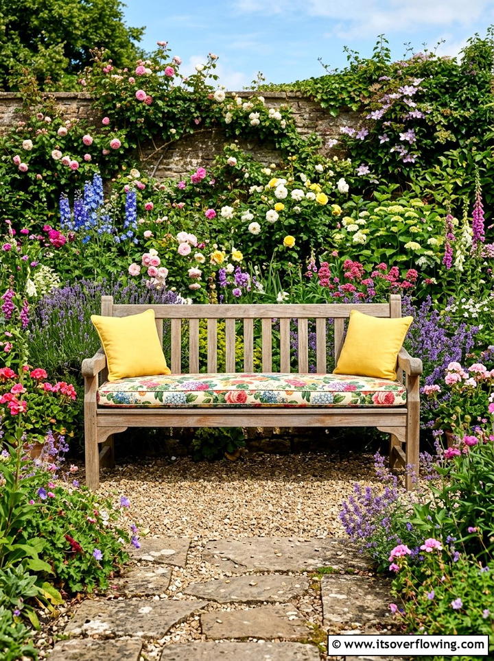 Wooden Garden Bench - 25 backyard decorating ideas with pillows