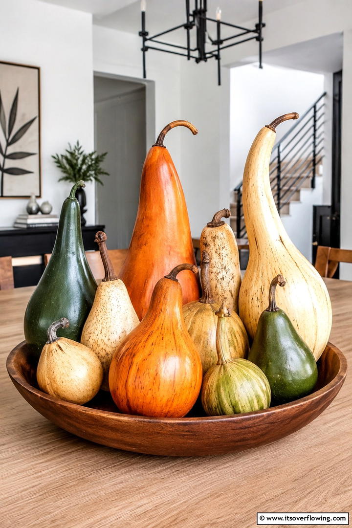 Wooden Gourd Assortment Display - 50 Wooden Fall Decor Ideas Roundup- Cozy Accents Galore