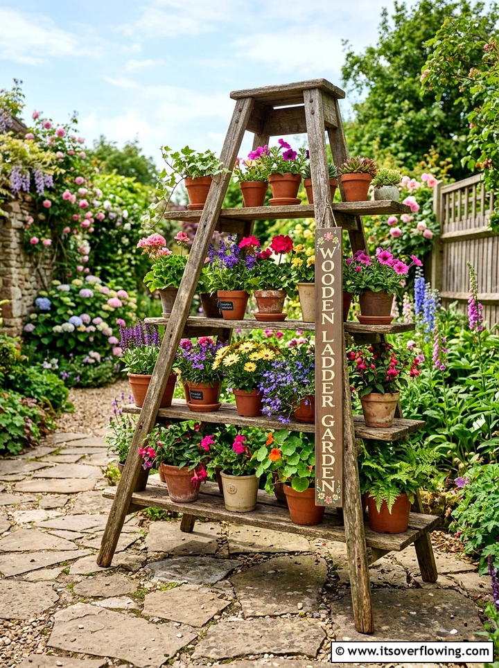 Wooden Ladder Garden - 25 upcycled garden ideas with garden signs