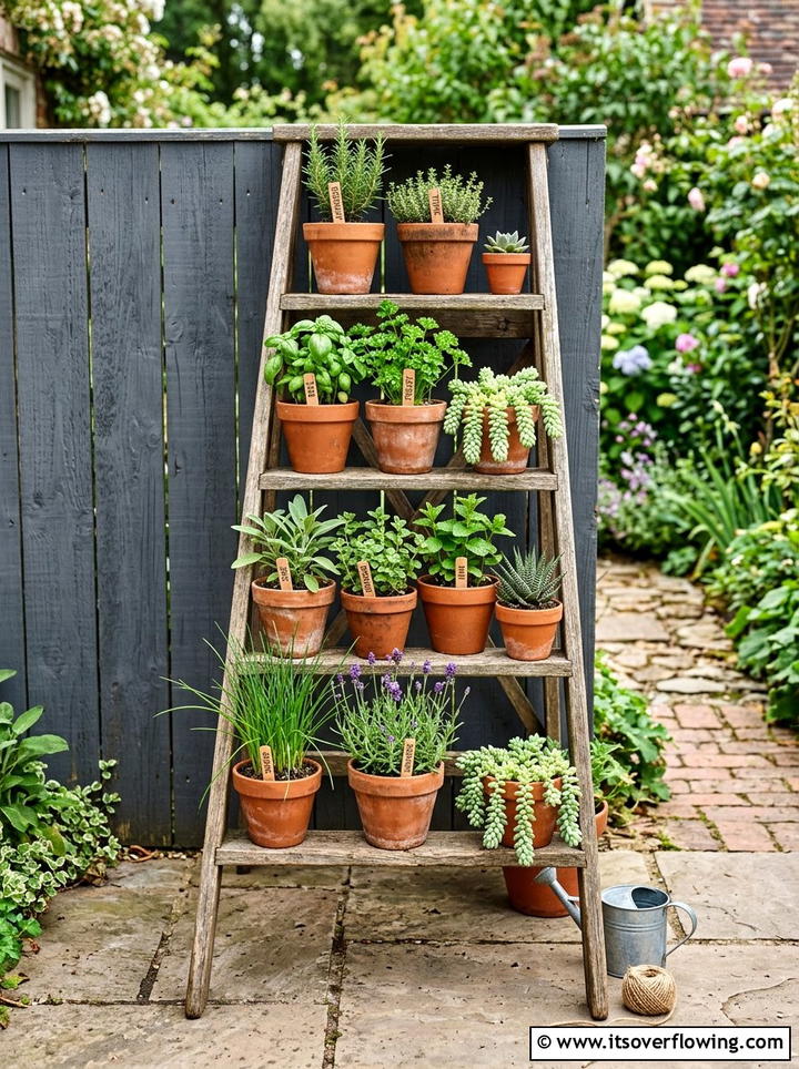 Wooden Ladder Plant Stand - 25 reusing old things ideas for yard art