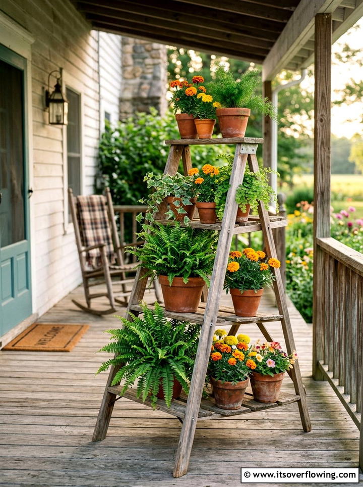 Wooden Ladder Plant Stand - 25 upcycled garden ideas for front yards