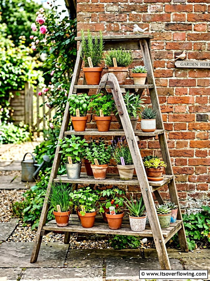 Wooden Ladder Plant Stand - 25 garden ideas with old furniture