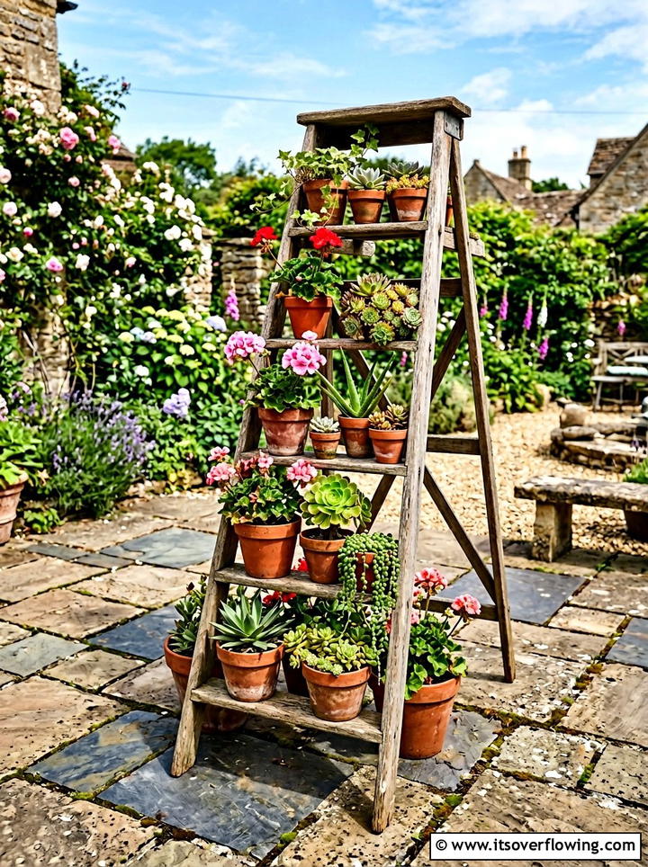 Wooden Ladder Shelf - 25 upcycled garden ideas with rustic style