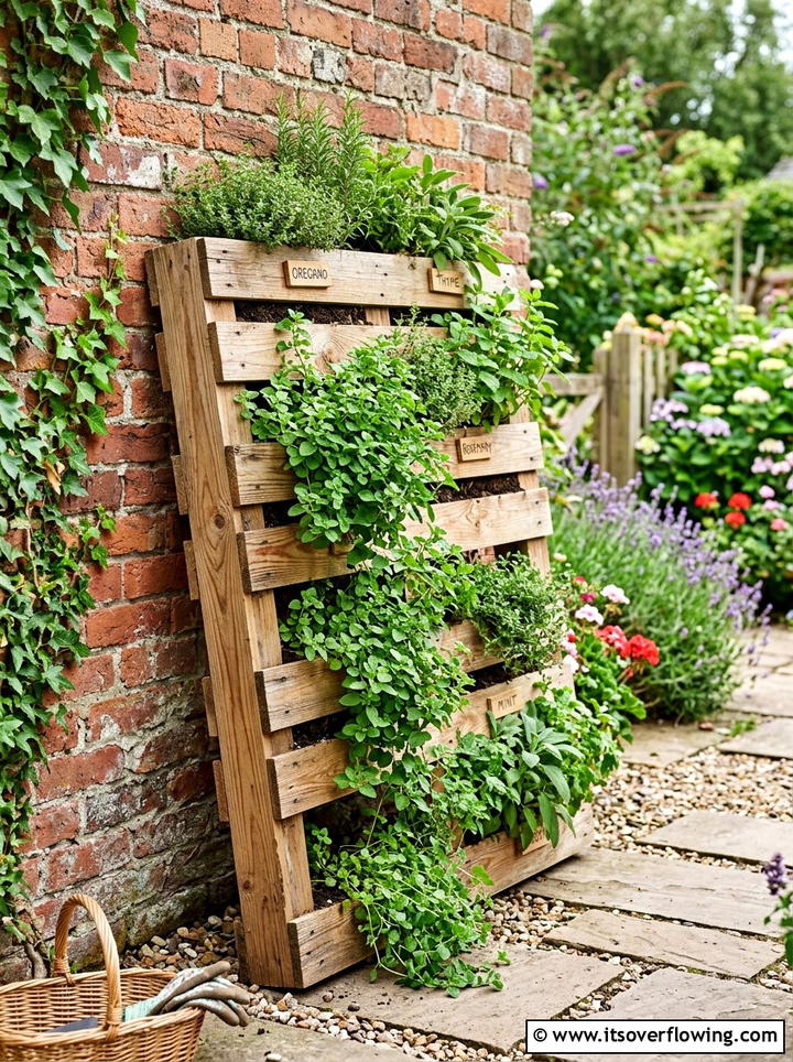 Wooden Pallet Vertical Herb Planter - 25 recycled garden ideas with self watering planters