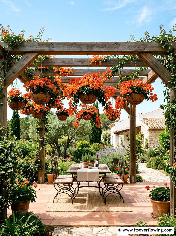 Wooden Pergola Draped Flower Baskets - 25 garden decor ideas with hanging baskets