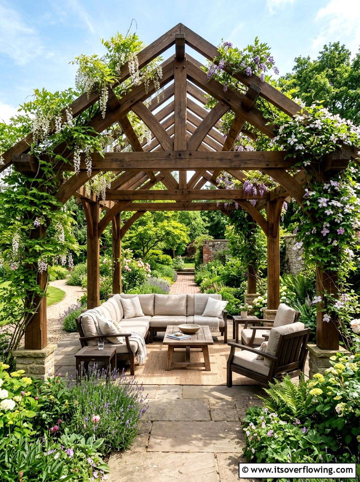 Wooden Pergola Structure - 25 backyard ideas with garden and lawn