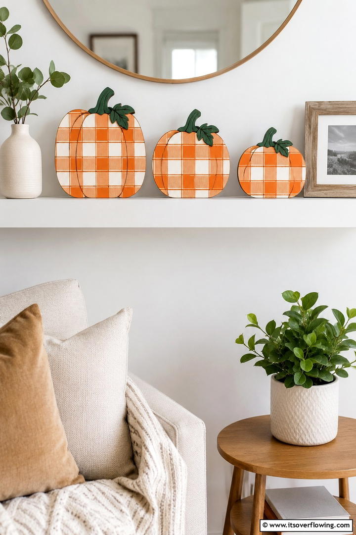 Wooden Plaid Pumpkin Cutouts - 50 Wooden Fall Decor Ideas Roundup- Cozy Accents Galore