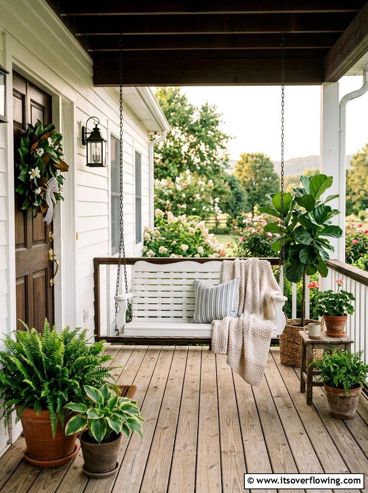 Wooden Porch Swing - 25 front porch decor ideas with magnolia wreath