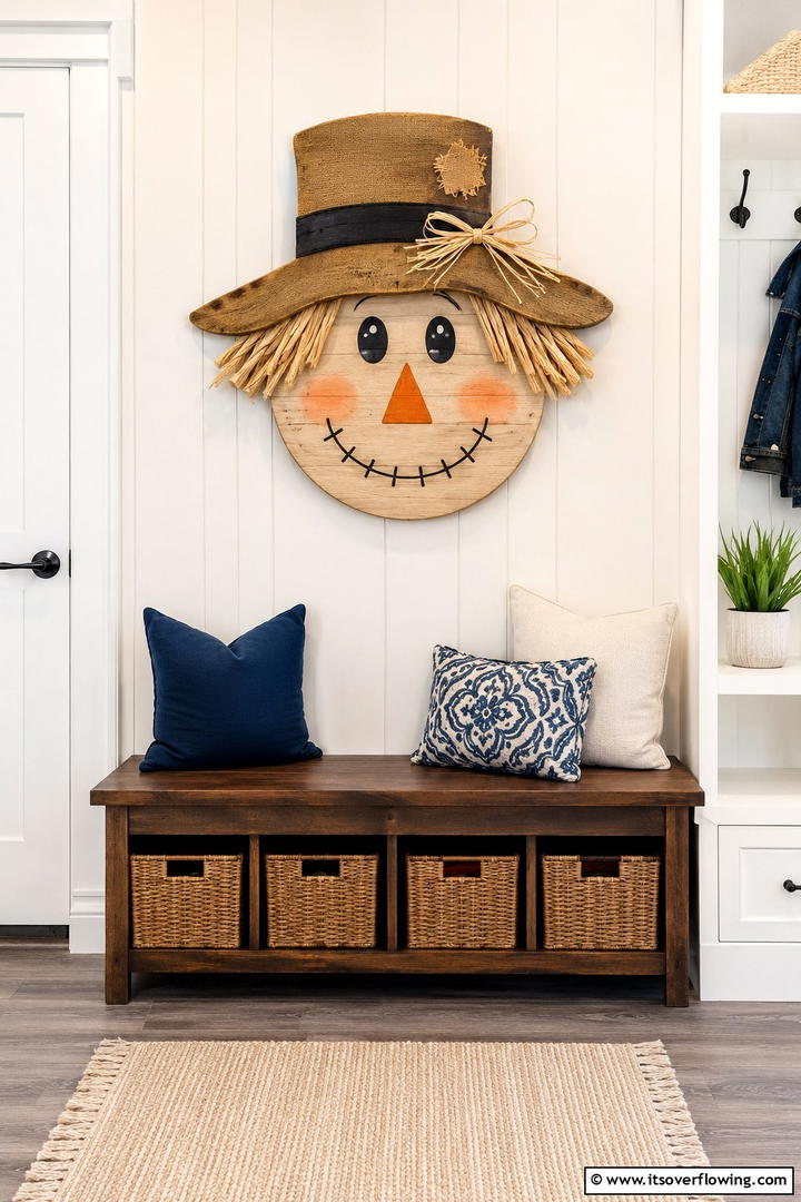 Wooden Scarecrow Face Door Hanger - 50 Wooden Fall Decor Ideas Roundup- Cozy Accents Galore