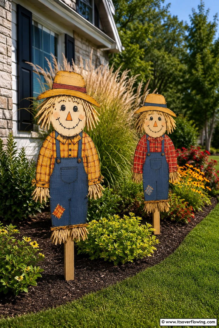 Wooden Scarecrow Yard Stakes - 50 Wooden Fall Decor Ideas Roundup- Cozy Accents Galore