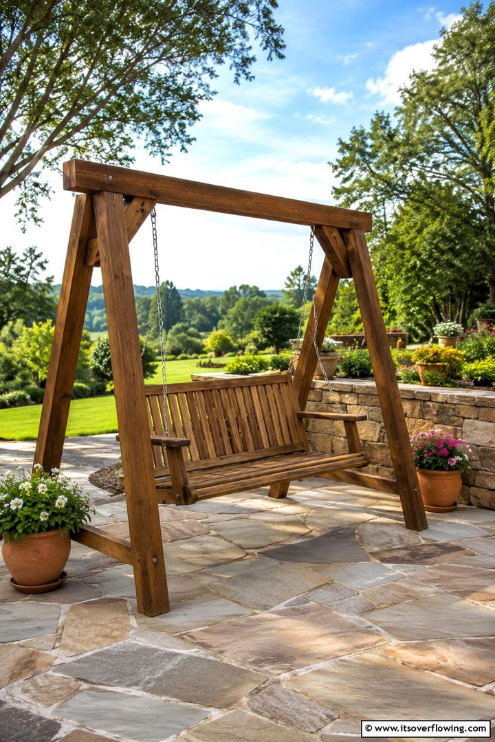 Wooden Swing Bench - 30 Rustic Patio Ideas for a Charming Outdoor Relaxation Spot