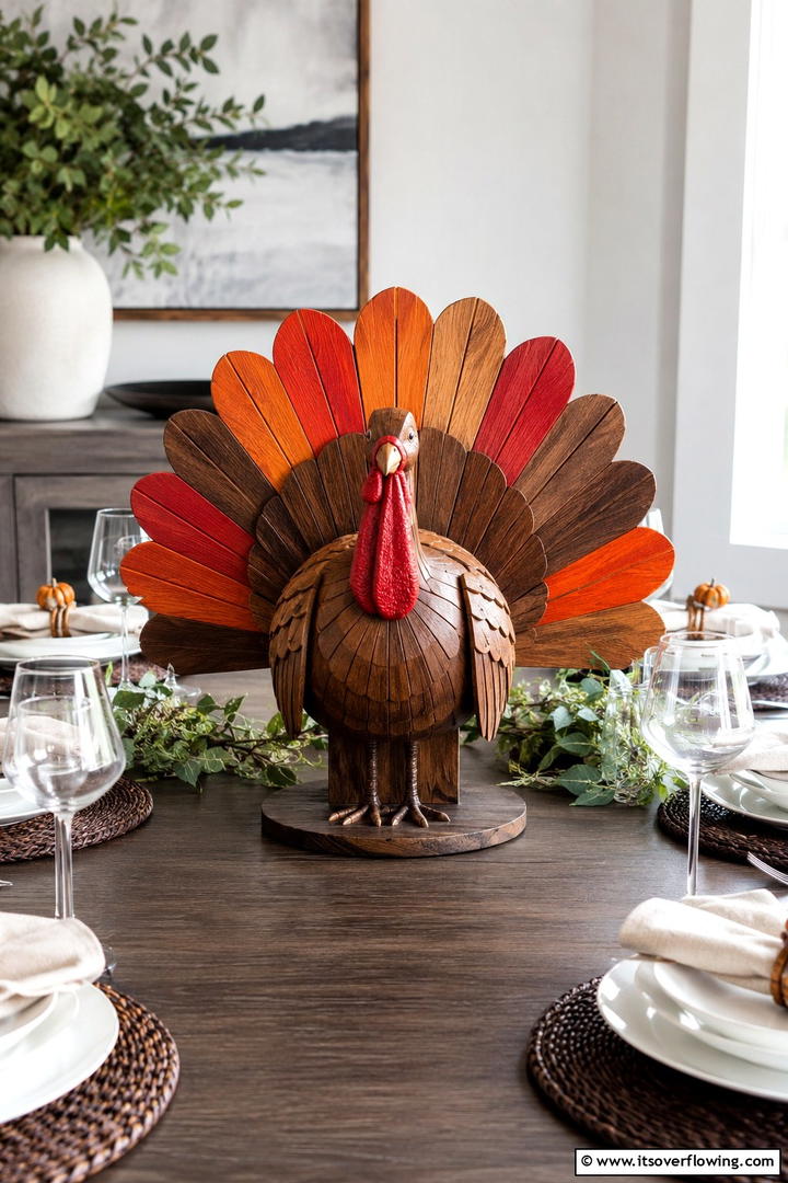 Wooden Turkey Display for Thanksgiving - 50 Wooden Fall Decor Ideas Roundup- Cozy Accents Galore