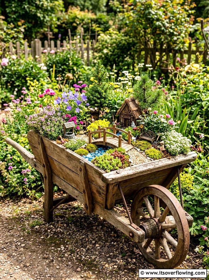 Wooden Wheelbarrow - 25 upcycled garden ideas with fairy gardens
