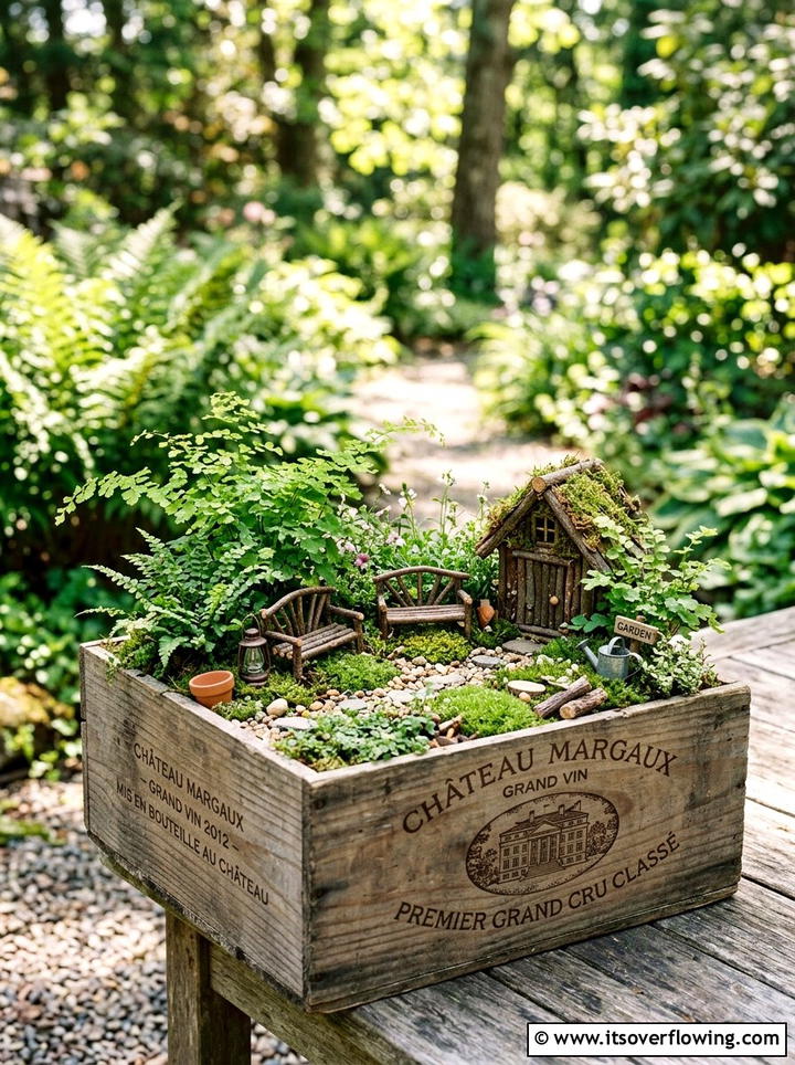 Wooden Wine Crate - 25 upcycled garden ideas with fairy gardens
