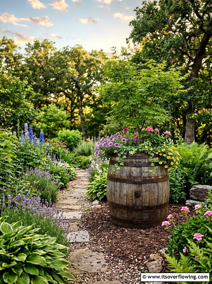 Wooden barrel planter - 25 upcycled garden ideas for narrow spaces