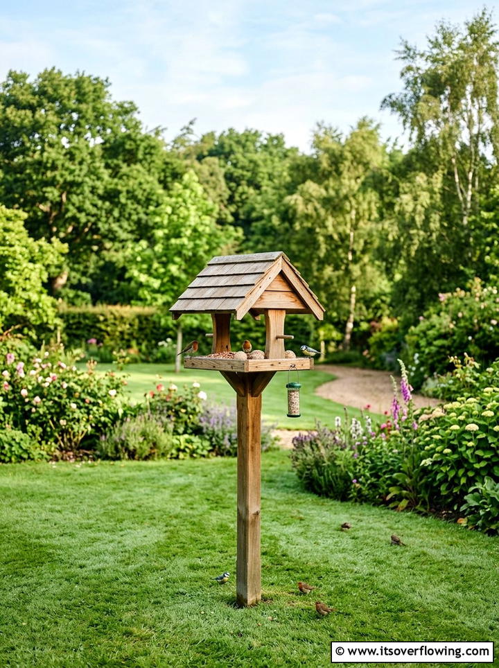 Wooden bird table on lawn - 25 garden ideas with bird feeders