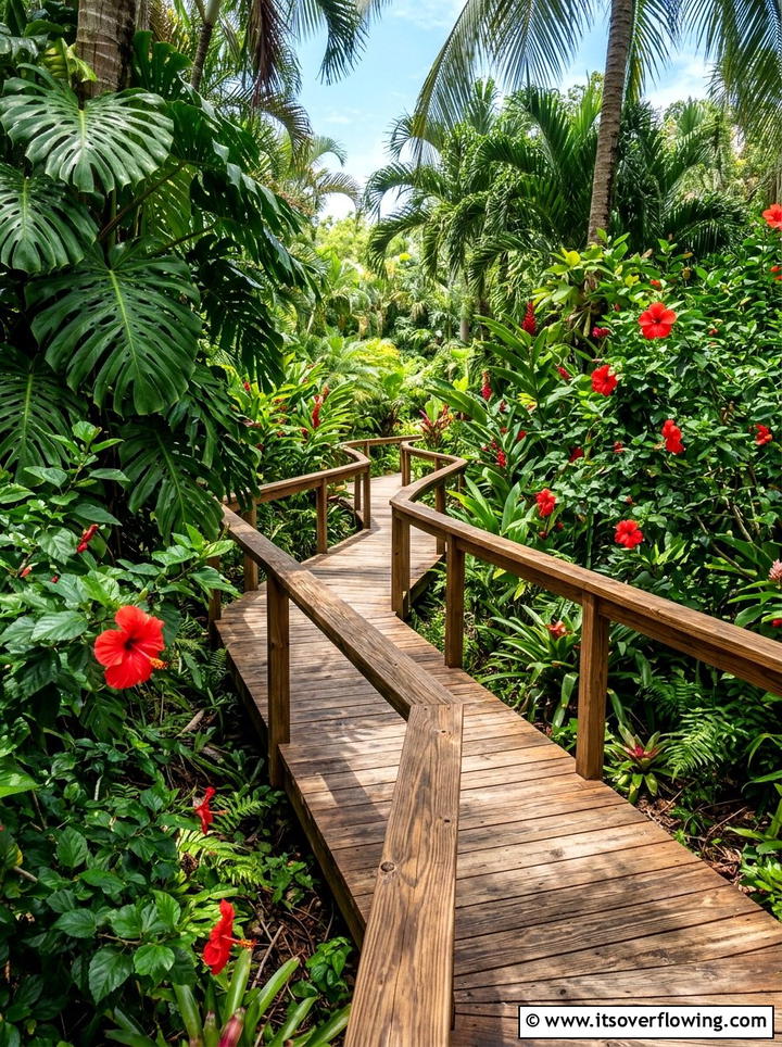 Wooden boardwalk through tropical garden - 25 creative garden ideas with secret pathways