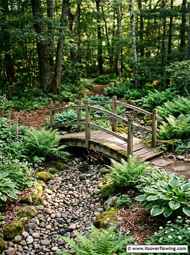 Wooden bridge over rocks - 25 garden design ideas with dry creek beds