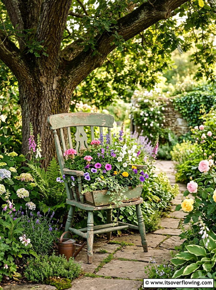 Wooden chair flower pot - 25 cheap garden ideas with repurposed containers